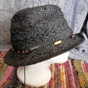 Y2K Roxy Black Straw Woven Fedora with Bead Accents